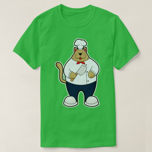 Cat as Cook with Kitchen knife T-Shirt (Design Front)