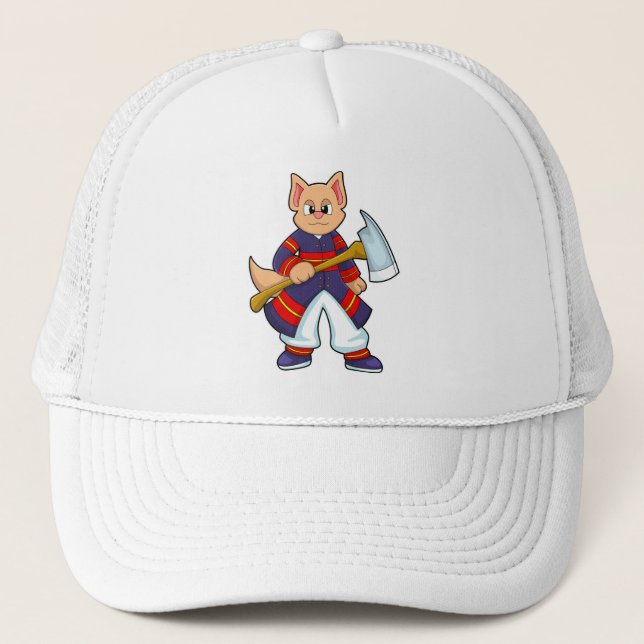 Cat as Firefighter at Fire department with Axe Trucker Hat (Front)