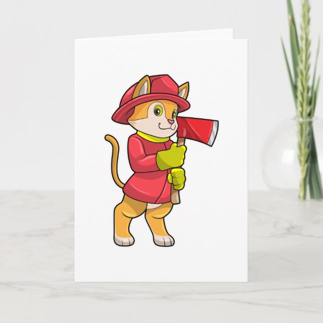 Cat as Firefighter with Axe Card (Front)