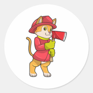 Cat as Firefighter with Axe Classic Round Sticker