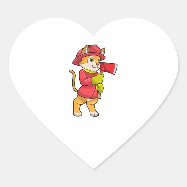 Cat as Firefighter with Axe Heart Sticker (Front)