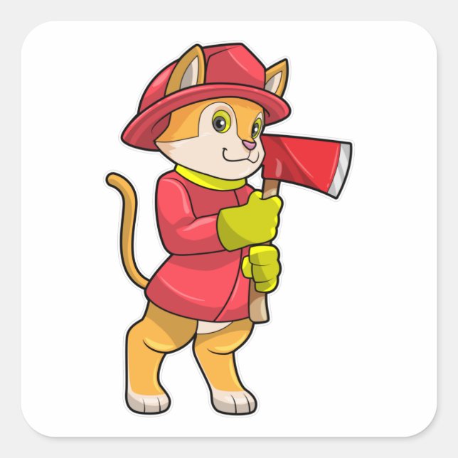 Cat as Firefighter with Axe Square Sticker (Front)