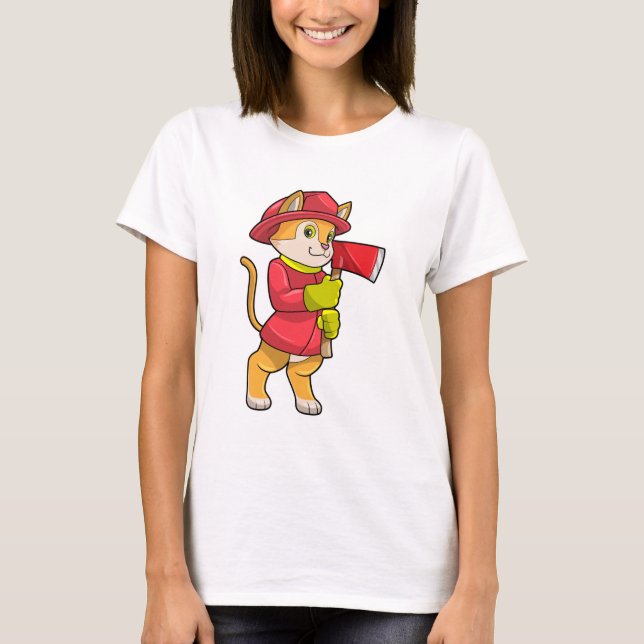 Cat as Firefighter with Axe T-Shirt (Front)