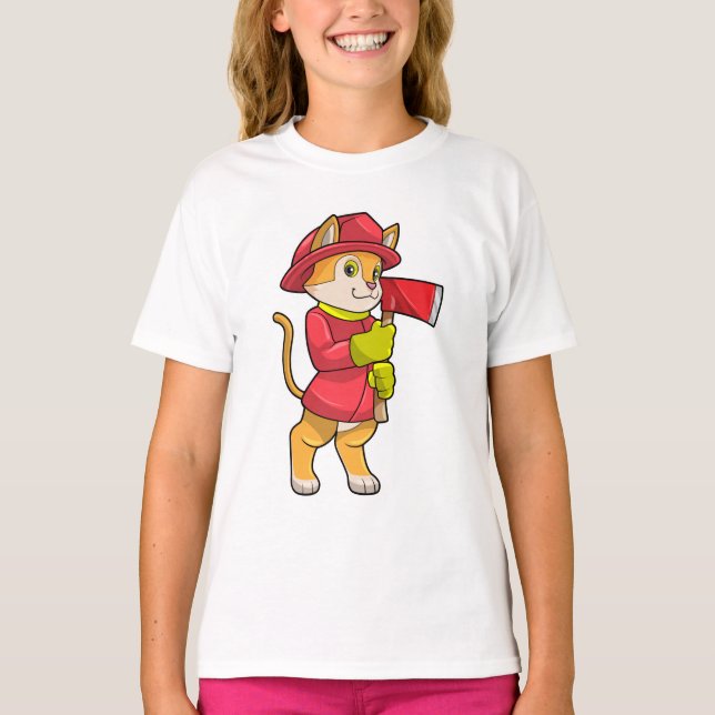Cat as Firefighter with Axe T-Shirt (Front)