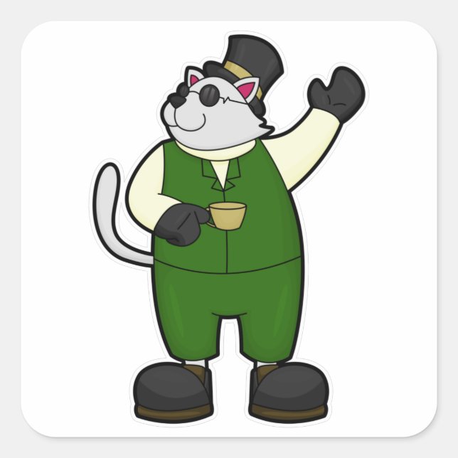 Cat as Groom with Coffee & Hat Square Sticker (Front)