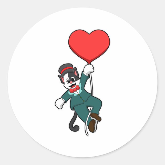 Cat as Groom with Heart Balloon Classic Round Sticker (Front)