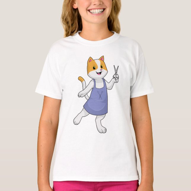 Cat as Hair stylist with Scissors T-Shirt (Front)