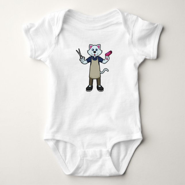 Cat as Hairdresser with Scissors & Hair dryer Baby Bodysuit (Front)