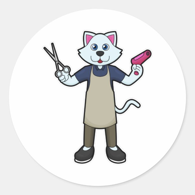 Cat as Hairdresser with Scissors & Hair dryer Classic Round Sticker (Front)