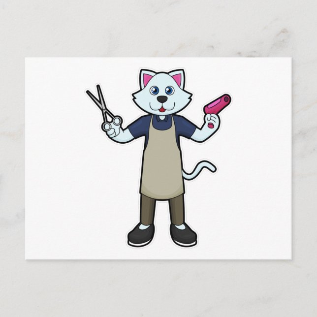 Cat as Hairdresser with Scissors & Hair dryer Postcard (Front)