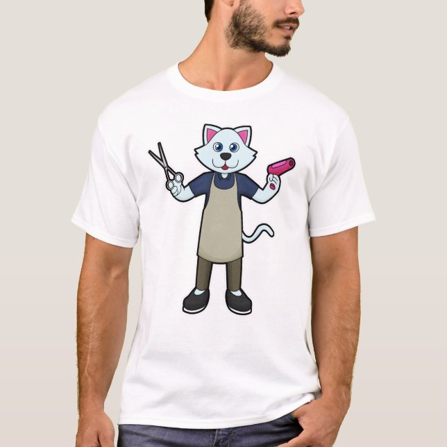 Cat as Hairdresser with Scissors & Hair dryer T-Shirt (Front)