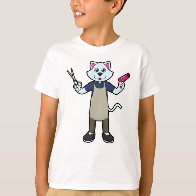 Cat as Hairdresser with Scissors & Hair dryer T-Shirt (Front)
