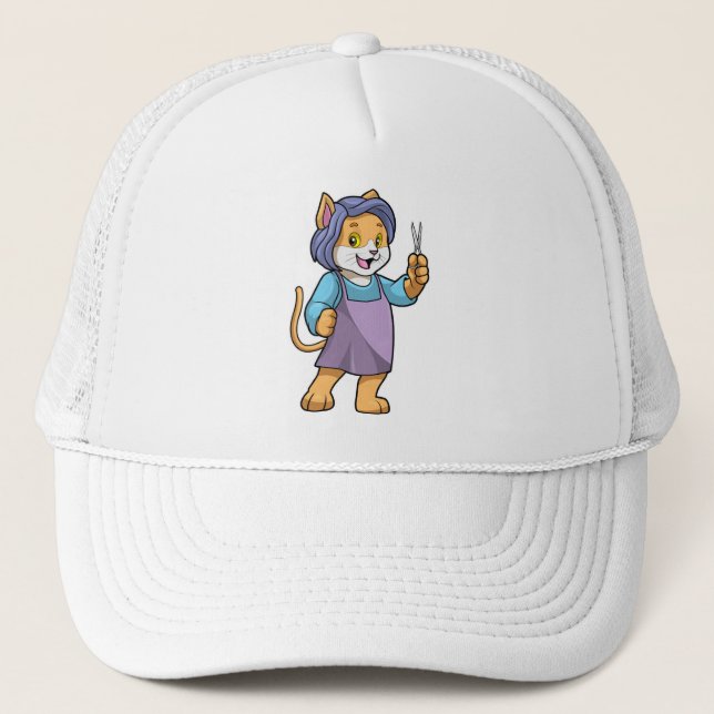 Cat as Hairdresser with Scissors Trucker Hat (Front)