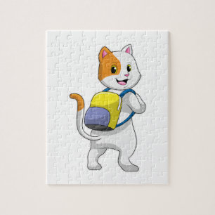 Cat as Hiker with Backpack Jigsaw Puzzle