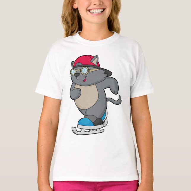 Cat as Ice Skater with Ice skates T-Shirt (Front)