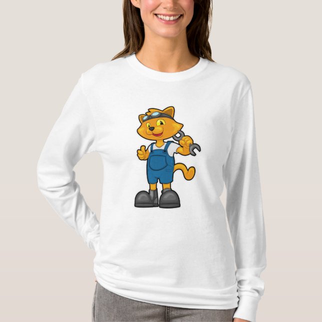 Cat as Mechanic with Spanner T-Shirt (Front)