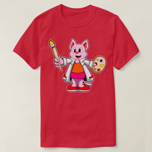 Cat as Painter with Brush Paint T-Shirt (Design Front)