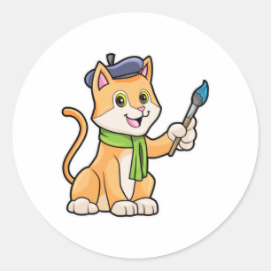 Cat as Painter with Brush & Scarf Classic Round Sticker
