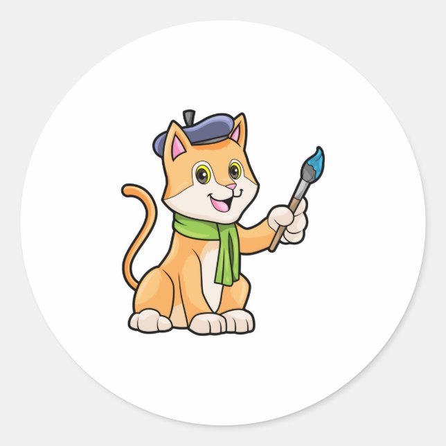 Cat as Painter with Brush & Scarf Classic Round Sticker (Front)