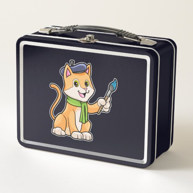 Cat as Painter with Brush & Scarf Metal Lunch Box (Front)