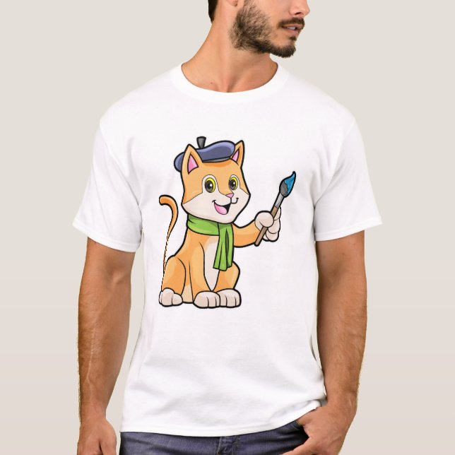Cat as Painter with Brush & Scarf T-Shirt (Front)