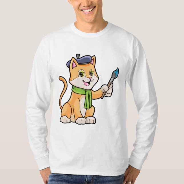 Cat as Painter with Brush & Scarf T-Shirt (Front)