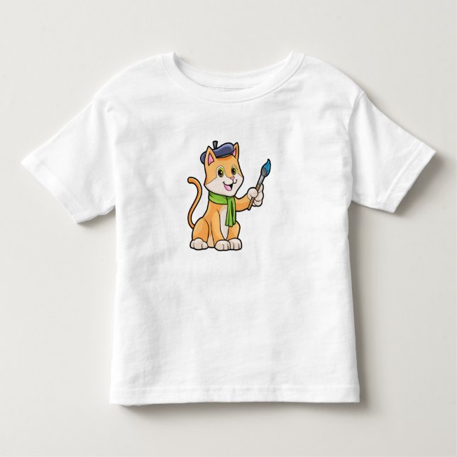 Cat as Painter with Brush & Scarf Toddler T-Shirt (Front)
