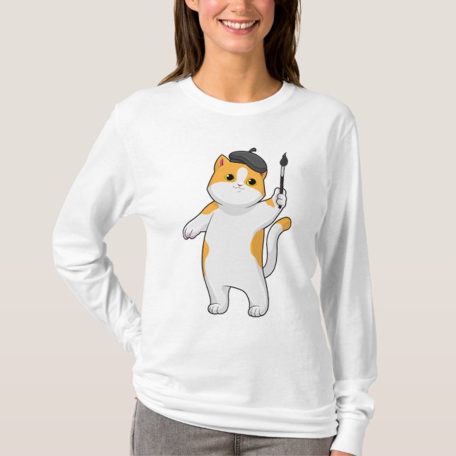 Cat as Painter with Paint brush T-Shirt (Front)