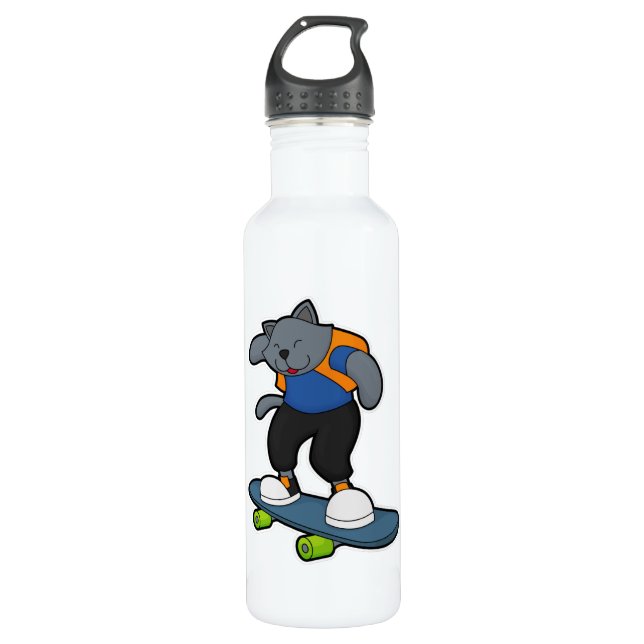 Cat as Skateboarder with Skateboard 710 Ml Water Bottle (Front)