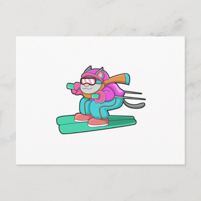 Cat as Ski jumper with Ski & Ski goggles Postcard (Front)