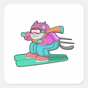 Cat as Ski jumper with Ski & Ski goggles Square Sticker