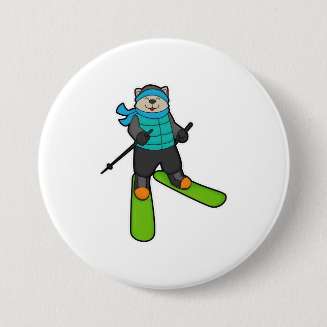 Cat as Skier with Ski 7.5 Cm Round Badge (Front)