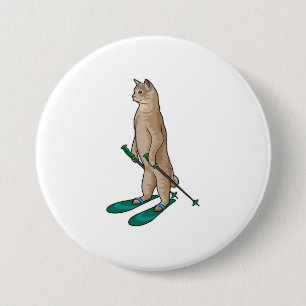 Cat as Skier with Ski & Ski poles 7.5 Cm Round Badge