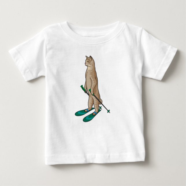 Cat as Skier with Ski & Ski poles Baby T-Shirt (Front)