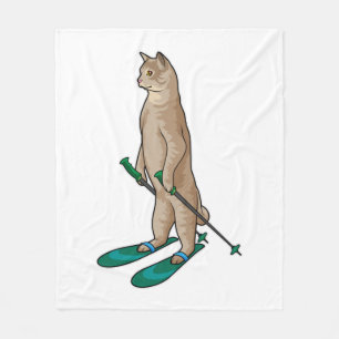 Cat as Skier with Ski & Ski poles Fleece Blanket