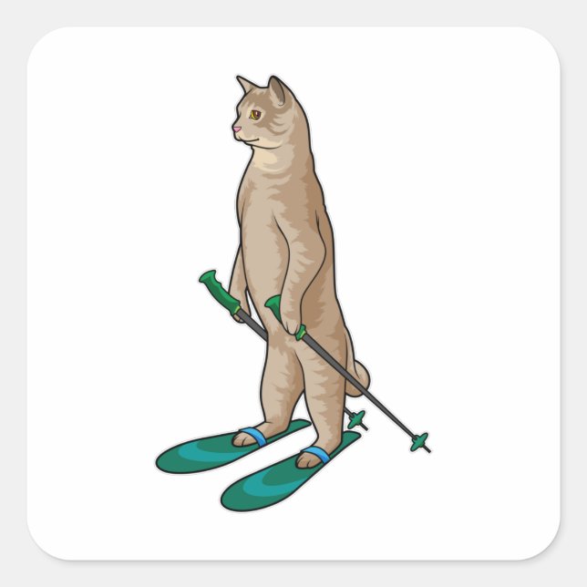Cat as Skier with Ski & Ski poles Square Sticker (Front)