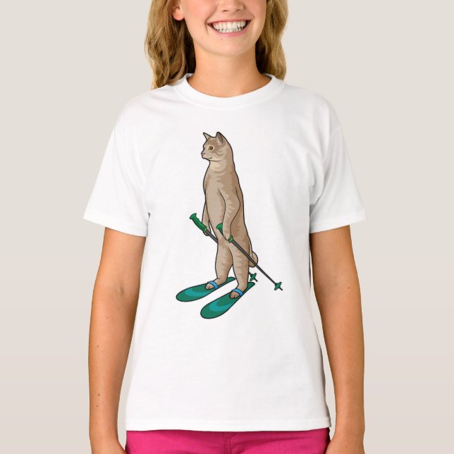 Cat as Skier with Ski & Ski poles T-Shirt (Front)