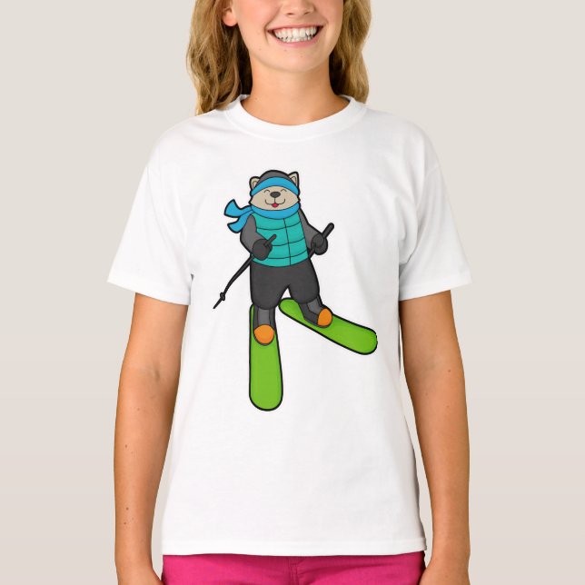 Cat as Skier with Ski T-Shirt (Front)