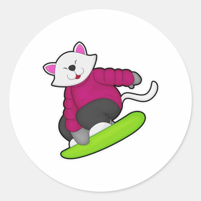 Cat as Snowboarder with Snowboard Classic Round Sticker (Front)