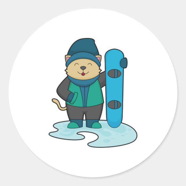 Cat as Snowboarder with Snowboard Classic Round Sticker (Front)