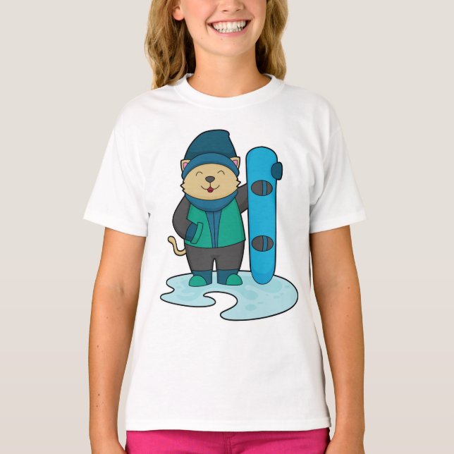 Cat as Snowboarder with Snowboard T-Shirt (Front)