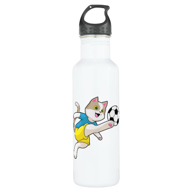 Cat as Soccer player with Soccer ball 710 Ml Water Bottle (Front)