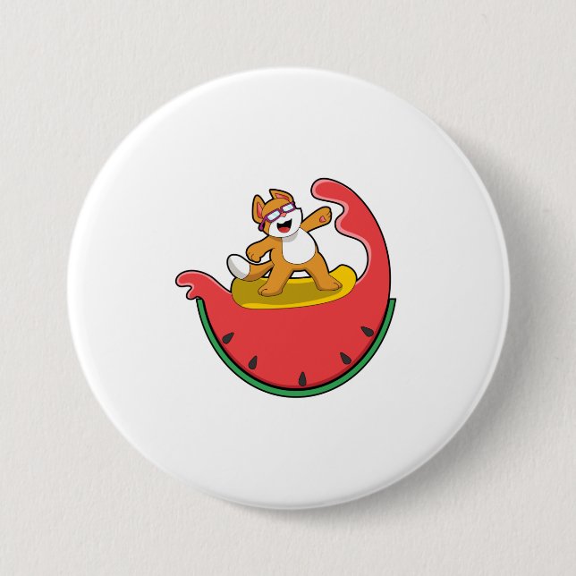 Cat as Surfer with Watermelon 7.5 Cm Round Badge (Front)