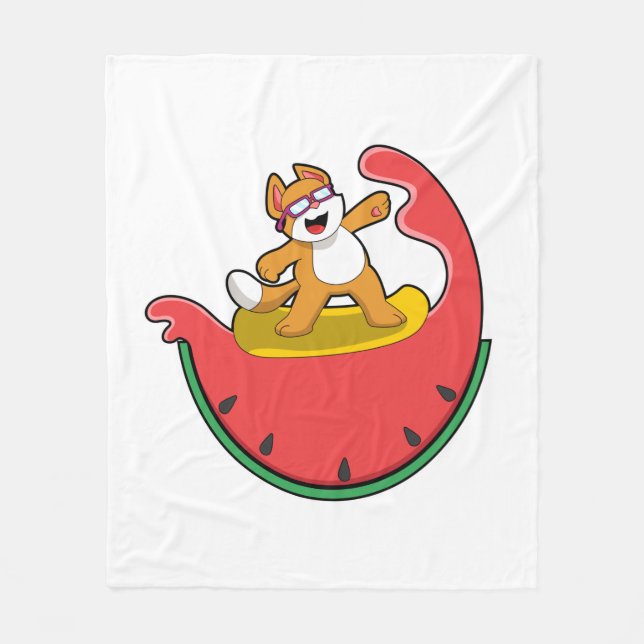 Cat as Surfer with Watermelon Fleece Blanket (Front)