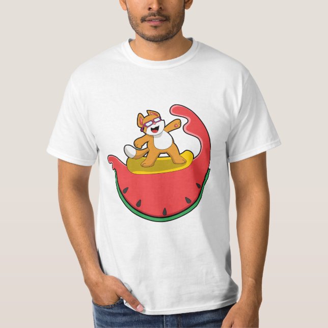 Cat as Surfer with Watermelon T-Shirt (Front)
