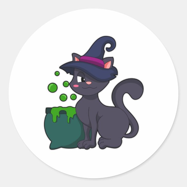 Cat as Witch with Cauldron Classic Round Sticker (Front)