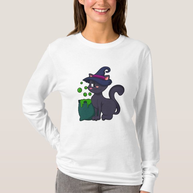 Cat as Witch with Cauldron T-Shirt (Front)