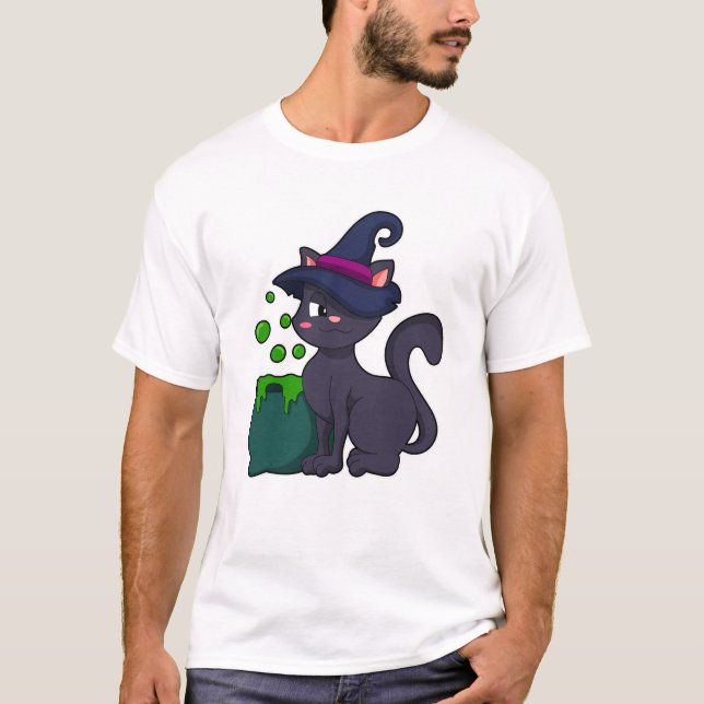 Cat as Witch with Cauldron T-Shirt (Front)