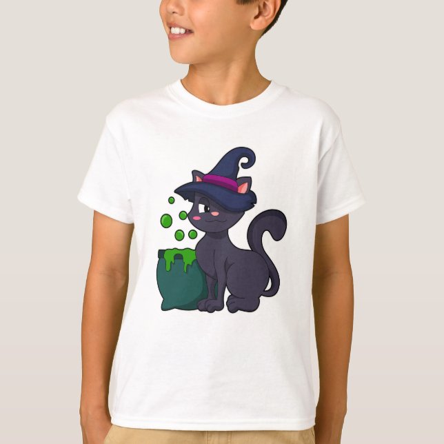 Cat as Witch with Cauldron T-Shirt (Front)