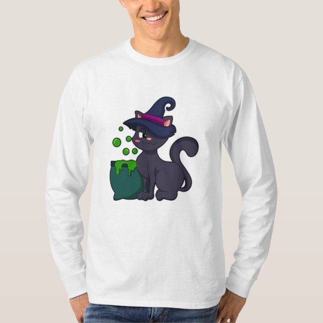 Cat as Witch with Cauldron T-Shirt (Front)